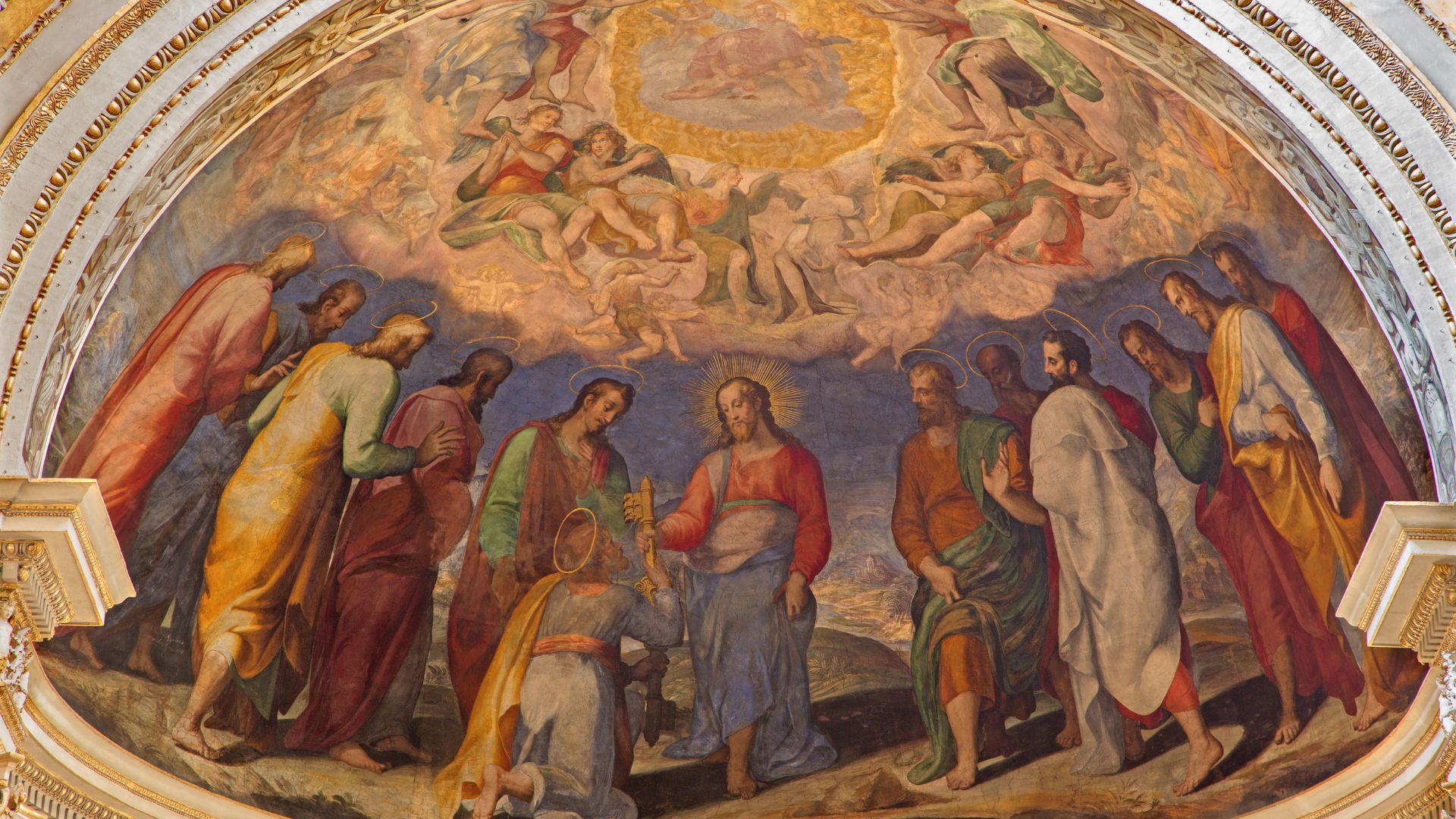 Ceiling fresco of Christ giving keys to kneeling Saint Peter, apostles and angels above.