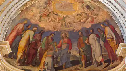 Ceiling fresco of Christ giving keys to kneeling Saint Peter, apostles and angels above.