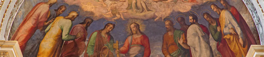 Ceiling fresco of Christ giving keys to kneeling Saint Peter, apostles and angels above.