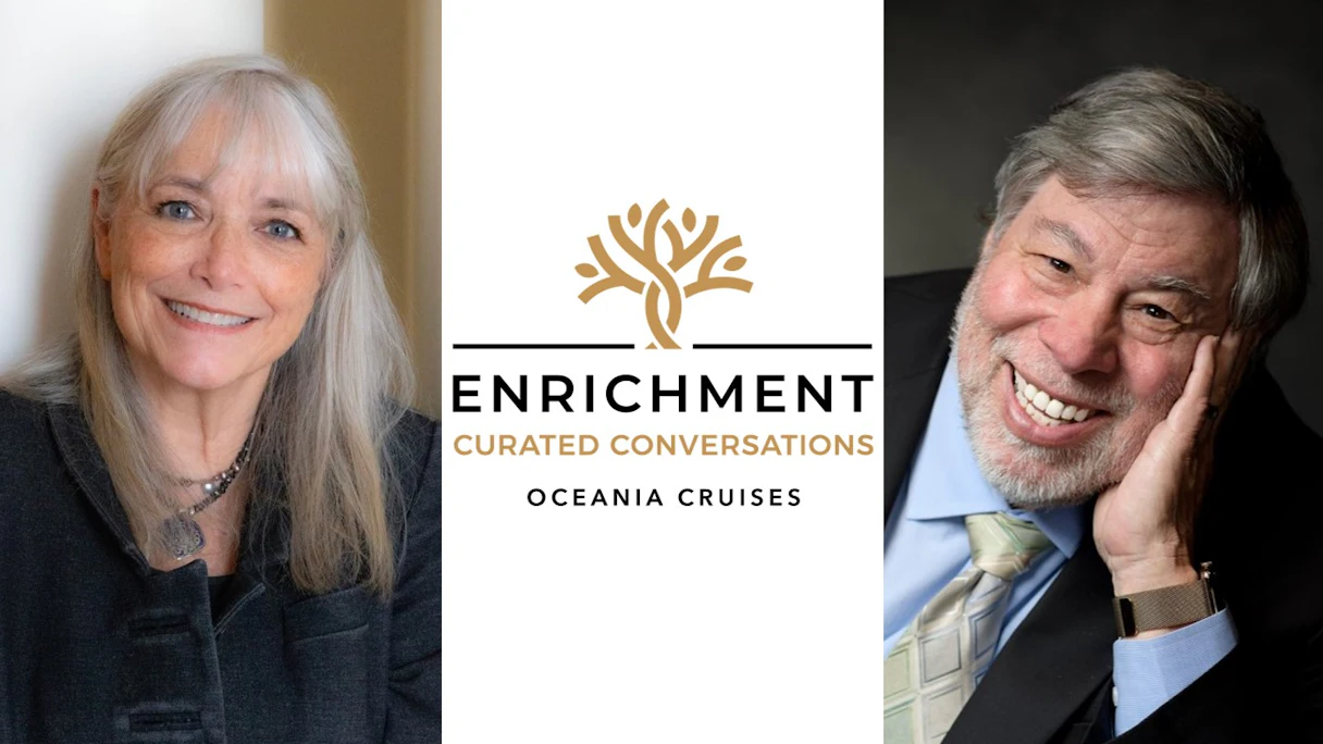 Two smiling older adults flank Enrichment Curated Conversations Oceania Cruises logo