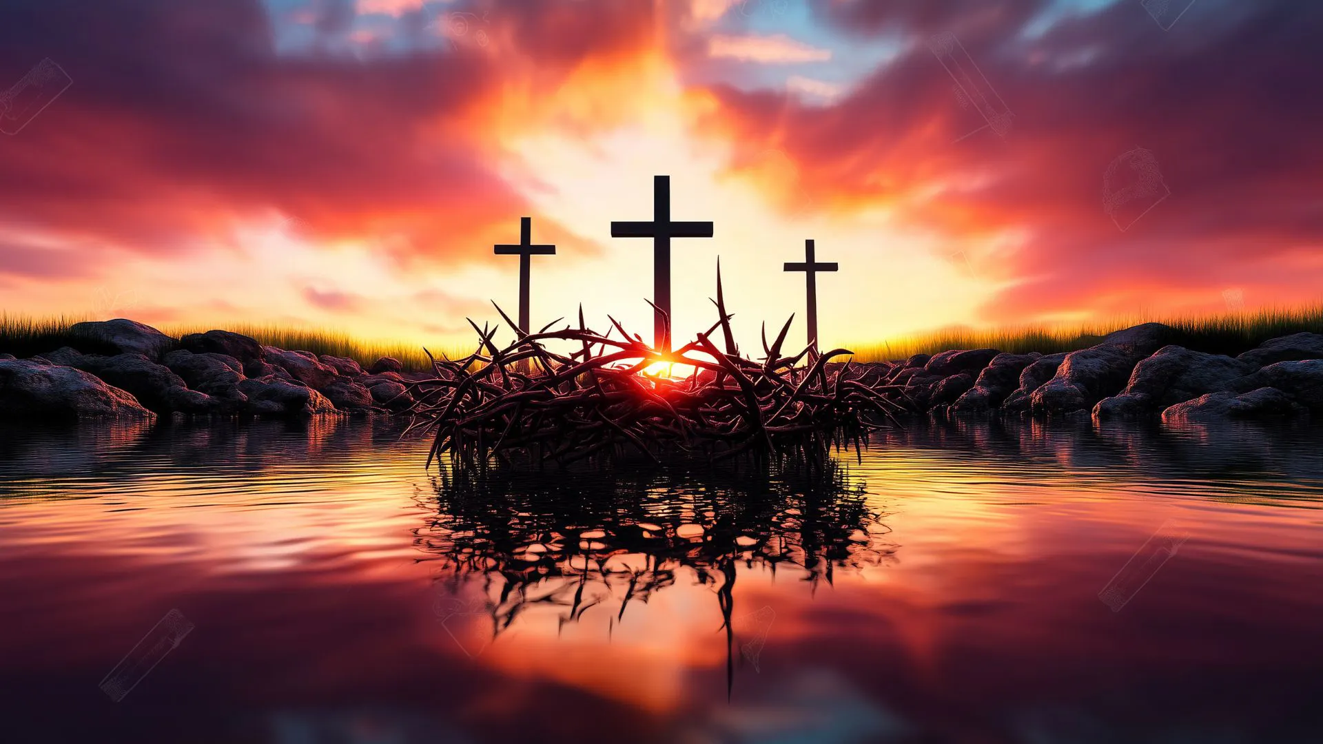 Three silhouetted crosses at sunrise above a crown of thorns floating on reflective water
