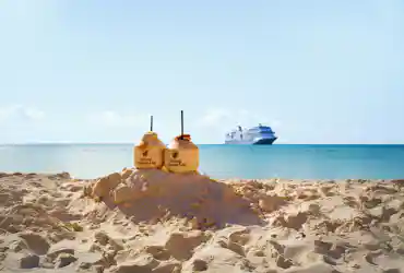 Two Holland America Line coconuts with straws on a sandy beach, cruise ship on the horizon.