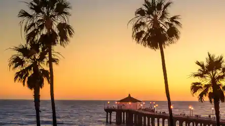 Sunset over ocean pier with lit pavilion and silhouetted palm trees in foreground