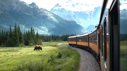 Yellow train curving past a grazing brown bear in a meadow with pines and snow-capped mountains