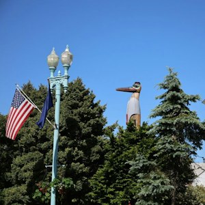 Wooden pelican statue rising above evergreen trees beside a teal lamppost flying US flag