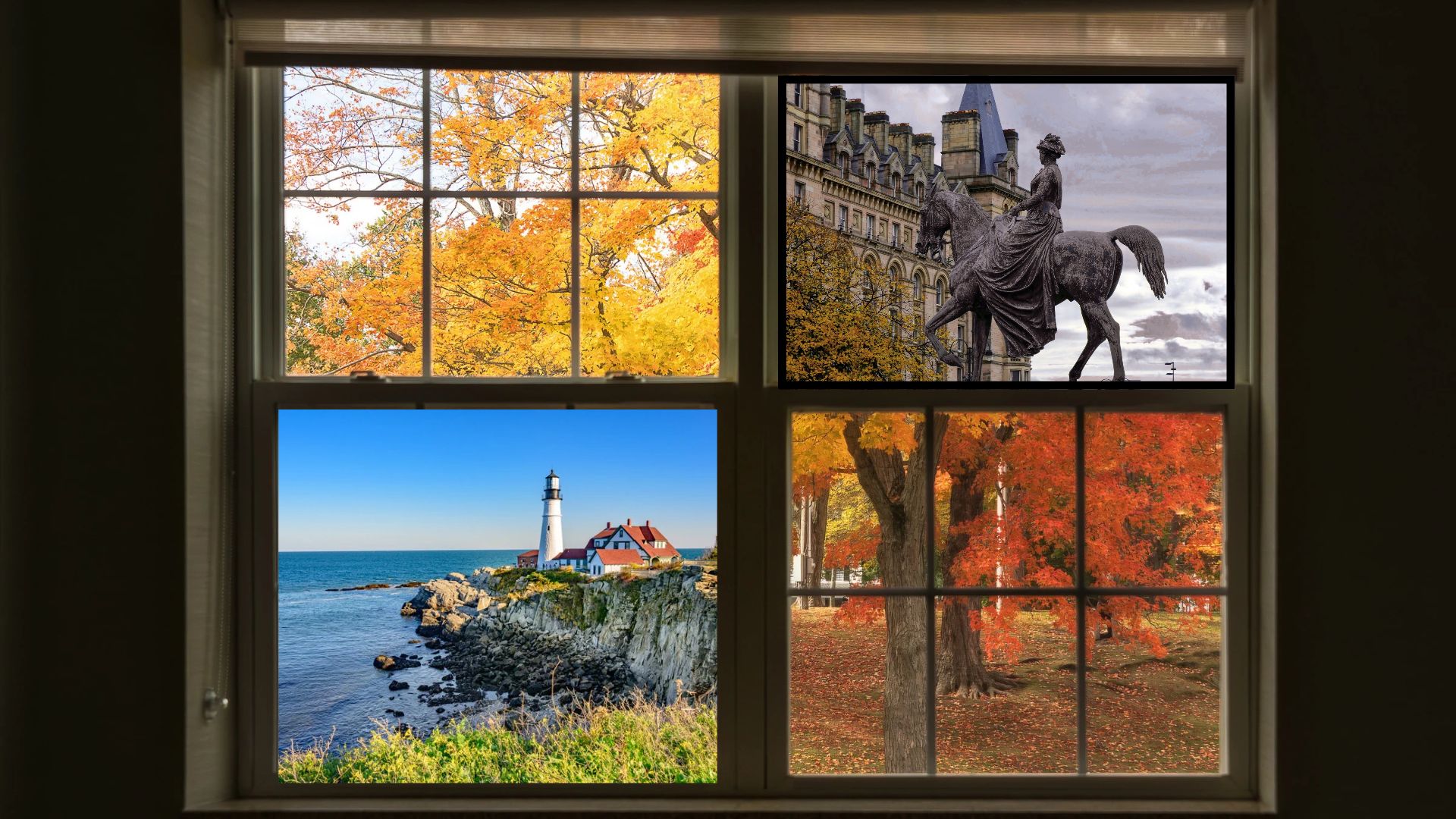 Four-pane window view: yellow and red fall trees, equestrian statue, rocky lighthouse