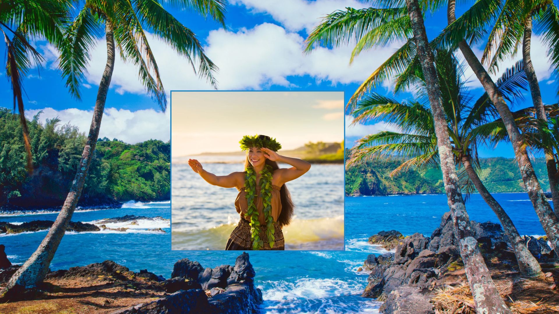 Tropical rocky shoreline with palms and centered inset of a smiling hula dancer wearing lei