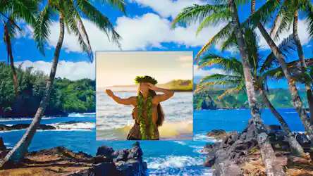 Tropical rocky shoreline with palms and centered inset of a smiling hula dancer wearing lei