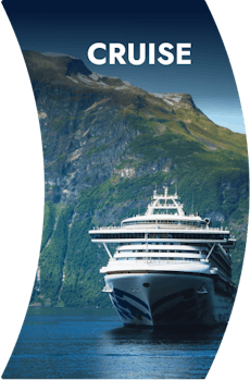 A cruise ship on the water in front of an illustrious mountain. The word 'Cruise' is atop of the image and its borders shape like a wind-filled sail curving to the right