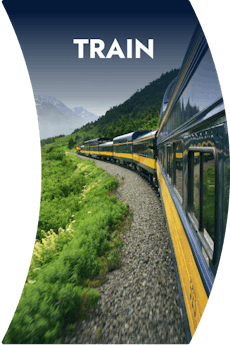 A side profile of a train with yellow border coming towards the camera. The word 'Train' is atop of the image and its borders shape like a wind-filled sail curving to the right